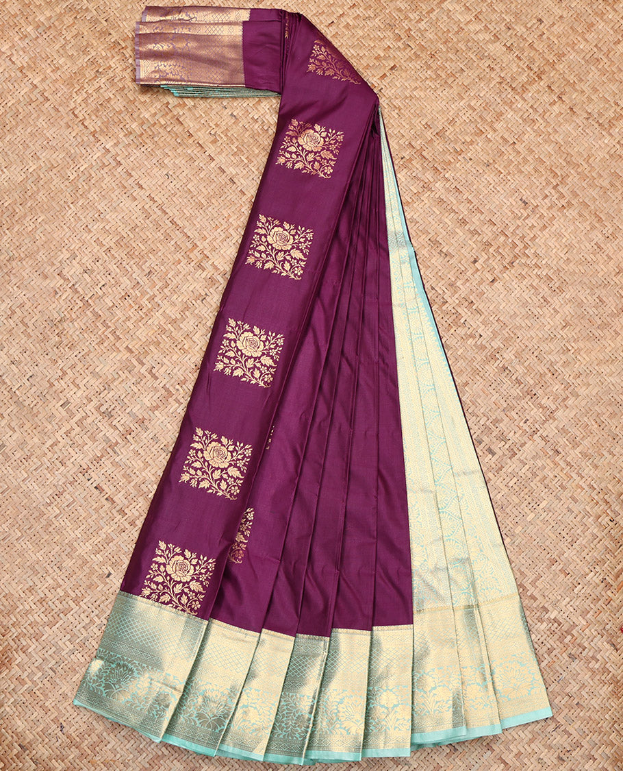 Purple Budget Silk Saree, Embellished with Zari Buttas, Contrast Traditional Zari Border, Intricately Designed Pallu, and a Contrast Blouse
