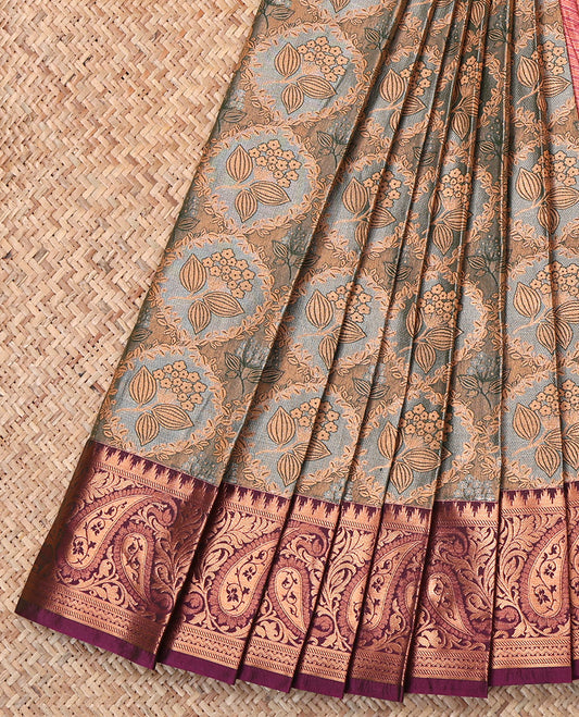 Grey Budget Silk Saree, Elevated with Jacquard Weave, Complemented by Contrast Paisley Border, Grand Paisleys Woven Pallu and Contrast Blouse