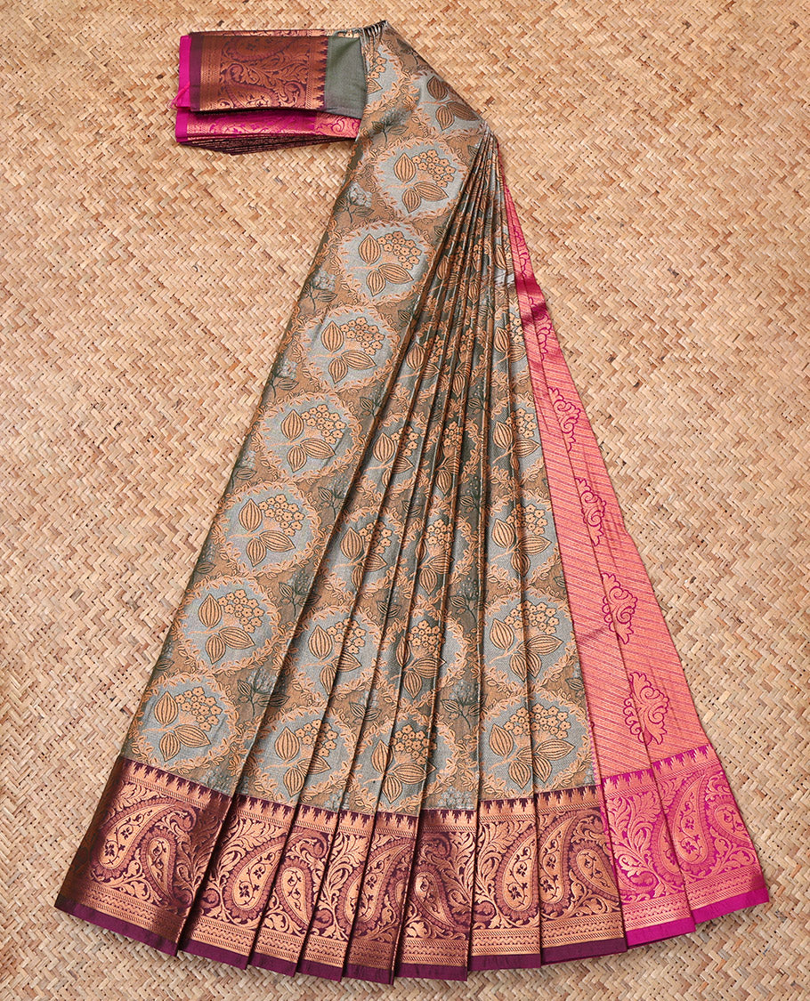 Grey Budget Silk Saree, Elevated with Jacquard Weave, Complemented by Contrast Paisley Border, Grand Paisleys Woven Pallu and Contrast Blouse