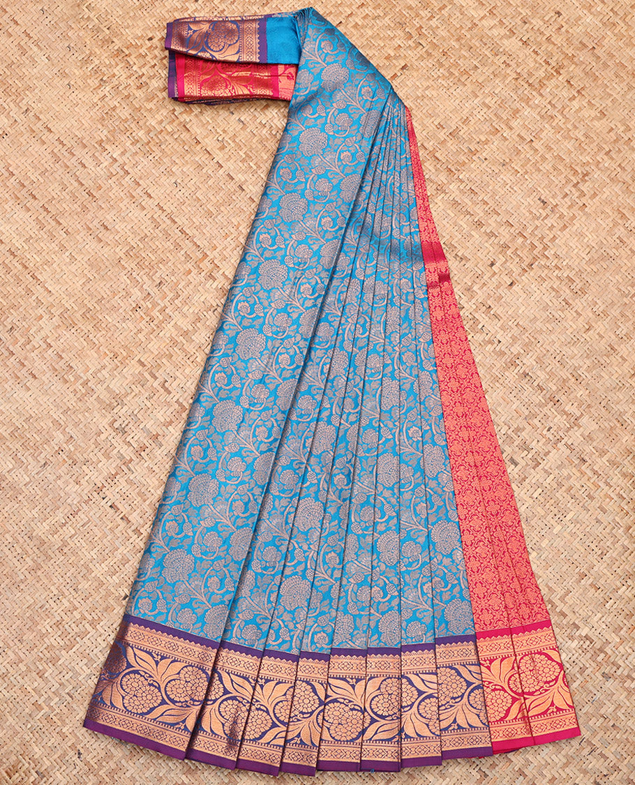 Blue Budget Silk Saree, Adorned with Floral Jacquard, Complemented by Contrast Floral Creeper Border, Grand Pallu and a Contrast Blouse