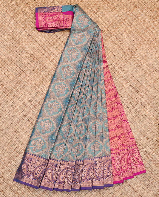 Blue Budget Silk Saree, Decorated with Floral Jacquard, Complemented by Contrast Paisley Zari Border, Intricate Pallu, and a Contrast Blouse