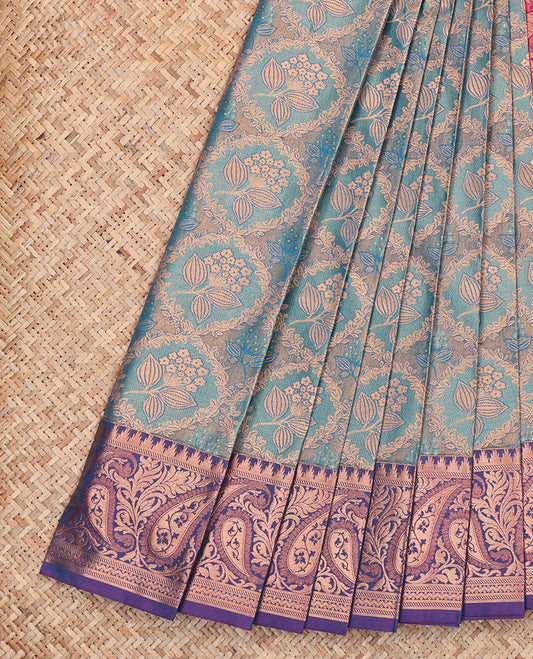 Blue Budget Silk Saree, Decorated with Floral Jacquard, Complemented by Contrast Paisley Zari Border, Intricate Pallu, and a Contrast Blouse