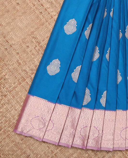 Blue Budget Silk Saree, Detailed with Zari Buttas, Complemented by a Contrast Traditional Zari Border, Grand Pallu, and Contrast Blouse