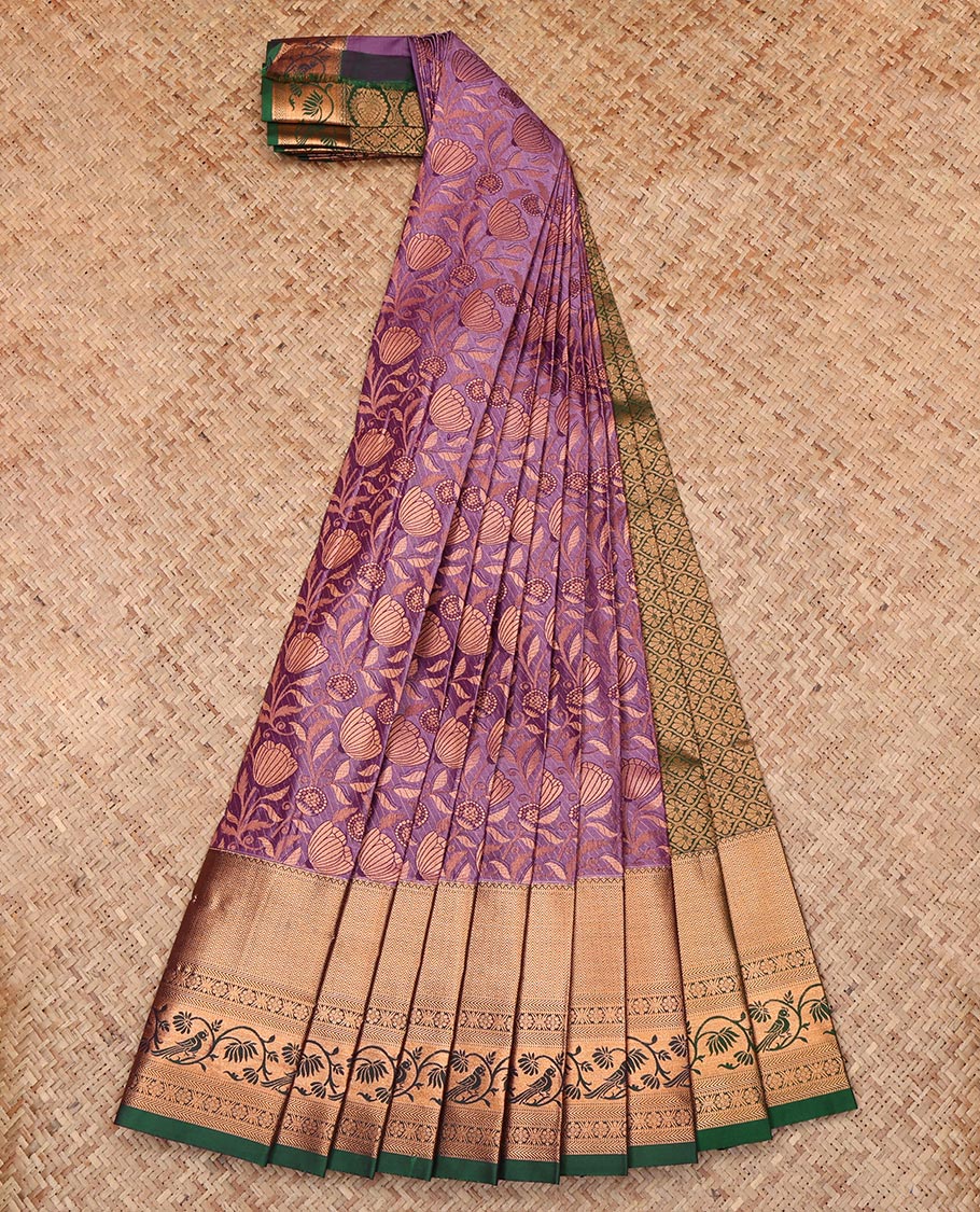 Purple Budget Silk Saree, Embellished with Jacquard, Complemented by a Contrast Traditional Zari Border, Jaal Pallu, and a Contrast Blouse