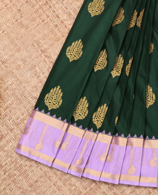 Green Budget Silk Saree, Subtly Enriched with Zari Buttas, Complemented by a Contrast Traditional Zari Border, Grand Pallu, and Contrast Blouse