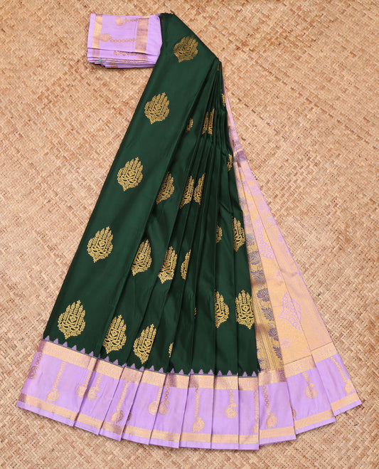 Green Budget Silk Saree, Subtly Enriched with Zari Buttas, Complemented by a Contrast Traditional Zari Border, Grand Pallu, and Contrast Blouse