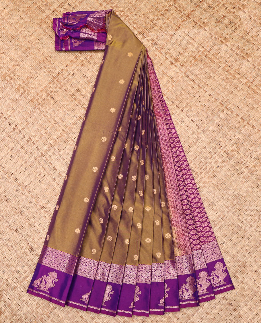 Green Budget Silk Saree, Elevated with Zari Buttas, Complemented by a Contrast Traditional Zari Border of Singam Designs, Grand Pallu, and a Contrast Blouse