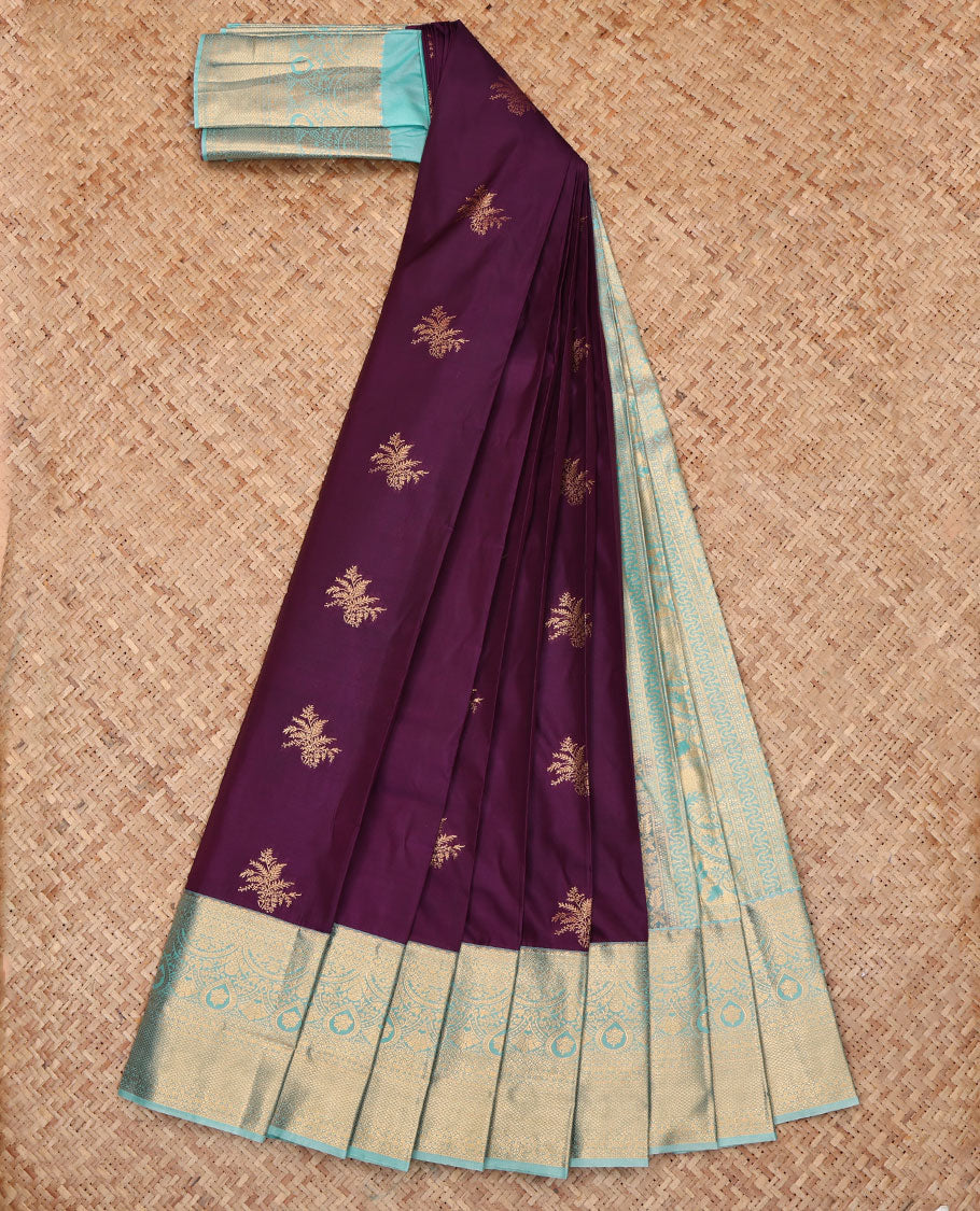 Purple Budget Silk Saree, Graced with Zari Buttas, Complemented by a Contrast Traditional Zari Border, Grand Pallu, and a Contrast Blouse