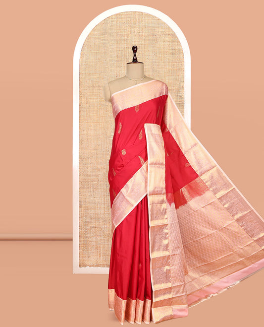 Red Budget Silk Saree, Embellished with Zari Buttas, Complemented by a Contrast Traditional Zari Border, Jaal Pallu, and a Contrast Blouse