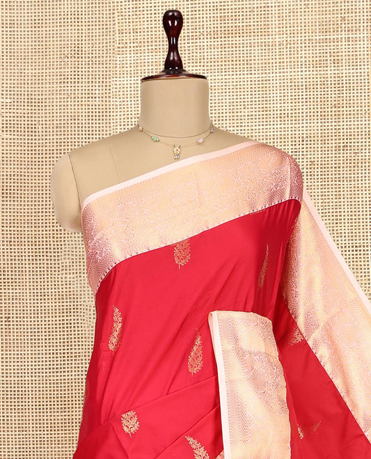 Red Budget Silk Saree, Embellished with Zari Buttas, Complemented by a Contrast Traditional Zari Border, Jaal Pallu, and a Contrast Blouse