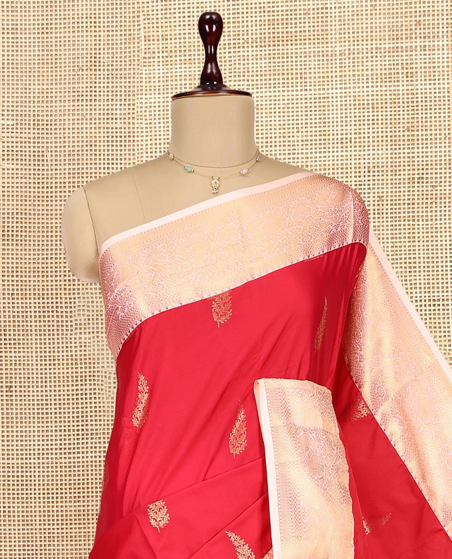 Red Budget Silk Saree, Embellished with Zari Buttas, Complemented by a Contrast Traditional Zari Border, Jaal Pallu, and a Contrast Blouse