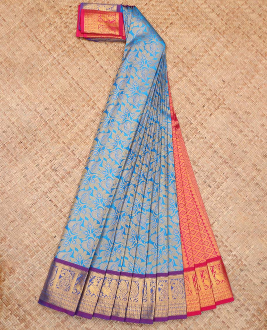 Blue Budget Silk Saree, Accentuated with Floral Vine Design, Complemented by Contrast Peacock and Paisley Zari Border, a Jaal Pallu and a Contrast Blouse