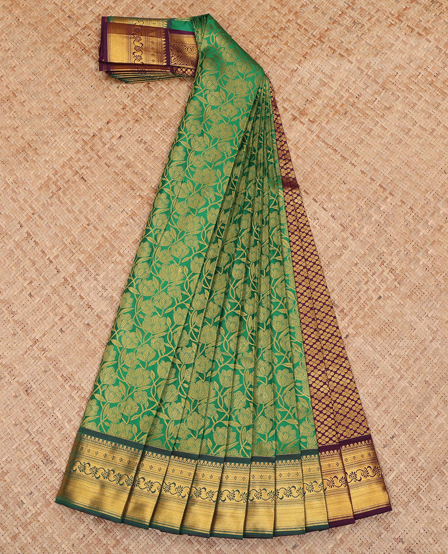 Green Budget Silk Saree, Embellished with Jacquard Design, a Contrast Traditional Zari Border, Grand Pallu, and a Contrast Blouse