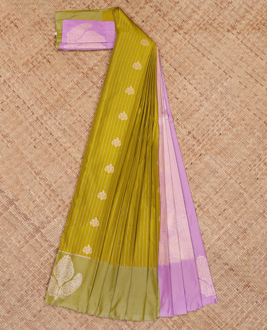 Green Budget Silk Saree, Subtly Sparkled with Zari Buttas and Stripes, Complemented by a Contrast Zari Motif Border, Intricate Pallu, and a Contrast Blouse