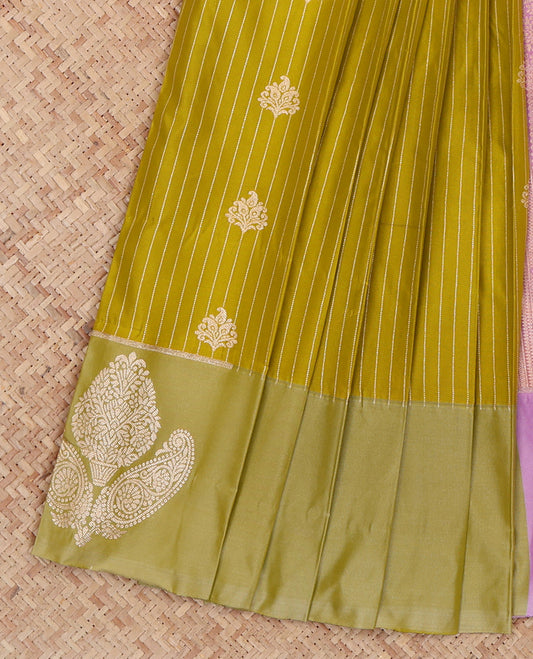 Green Budget Silk Saree, Subtly Sparkled with Zari Buttas and Stripes, Complemented by a Contrast Zari Motif Border, Intricate Pallu, and a Contrast Blouse