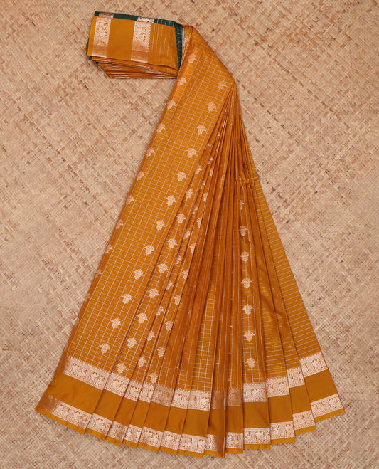 Mustard Budget Silk Saree, Bedecked with Zari Buttas and Checks, a Zari Rettai Pettu Traditional Border, Grand Pallu, and a Contrast Blouse