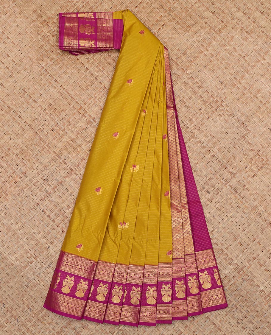 Yellow Budget Silk Saree, Highlighted by Horse-Buttas and Stripes, a Contrast  Iruthalai Pakshi Zari Border, a Jaal Pallu and a Contrast Blouse