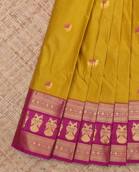 Yellow Budget Silk Saree, Highlighted by Horse-Buttas and Stripes, a Contrast  Iruthalai Pakshi Zari Border, a Jaal Pallu and a Contrast Blouse