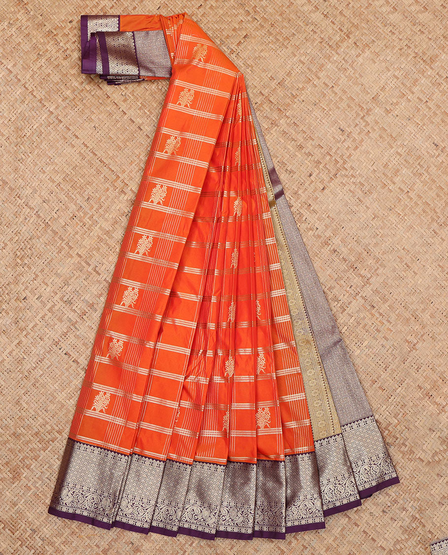 Orange Budget Silk Saree, Accentuated with Zari Buttas and Stripes, Complemented by Contrast Traditional Zari Border, a Jaal Pallu and a Contrast Blouse