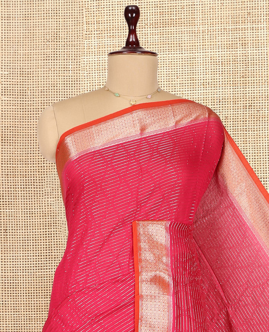 Pink Assam Silk Saree, Embellished with Zari Stripes, Complemented by Contrast Jaal Zari Design Border,  Zari Woven Pallu, and Contrast Blouse