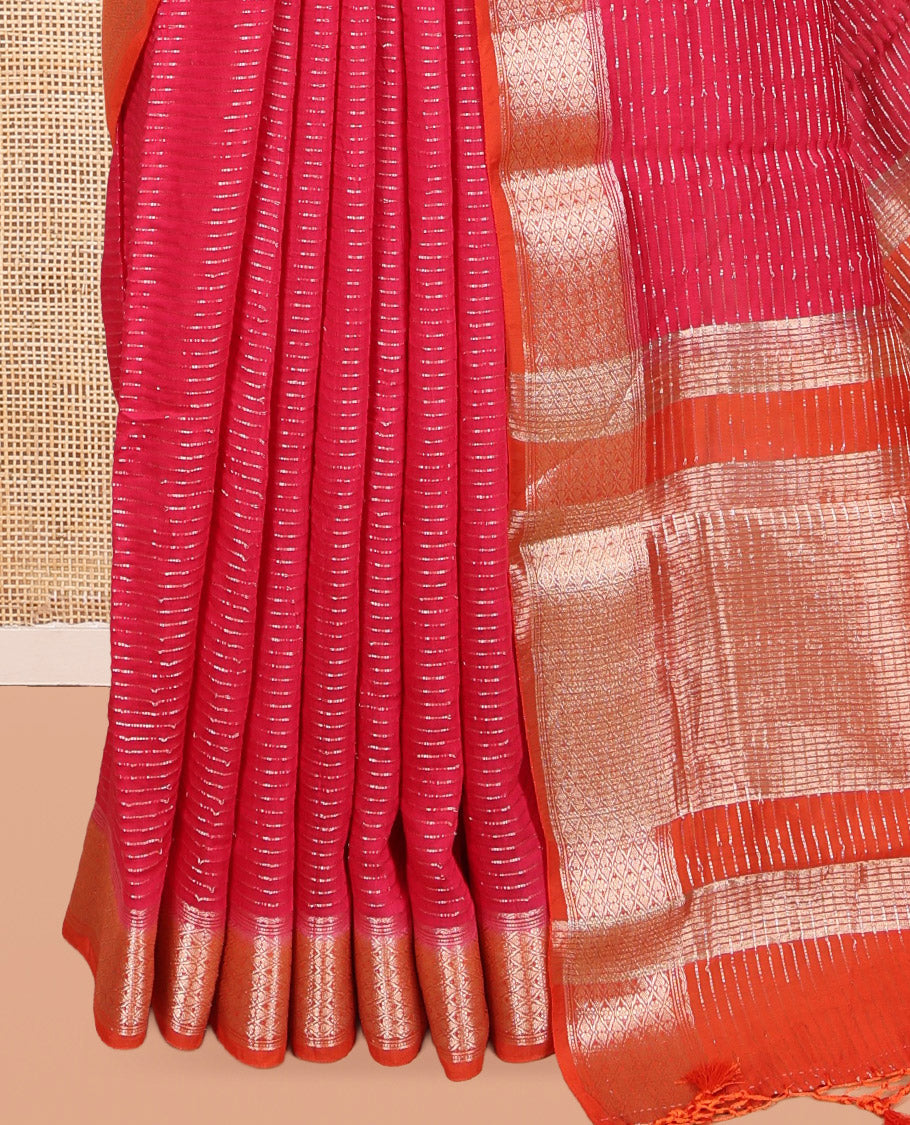 Pink Assam Silk Saree, Embellished with Zari Stripes, Complemented by Contrast Jaal Zari Design Border,  Zari Woven Pallu, and Contrast Blouse