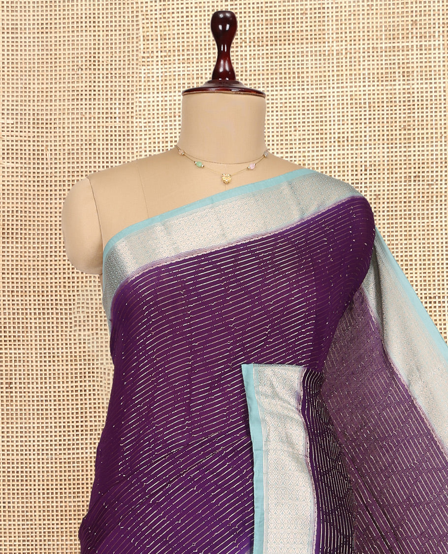 Purple Assam Silk Saree, Elevated with Zari Stripes, Complemented by Contrast Jaal Design Zari Border,  Zari Woven Pallu, and Contrast Blouse