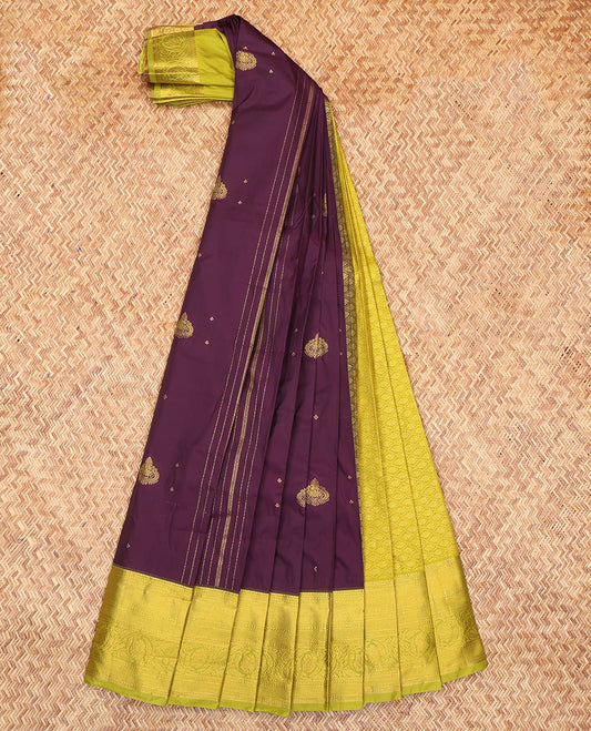 Wine Budget Silk Saree, Accentuated with Zari Buttas and Stripes, Complemented by a Contrast Traditional Zari Border, Grand Jaal Pallu, and Contrast Blouse