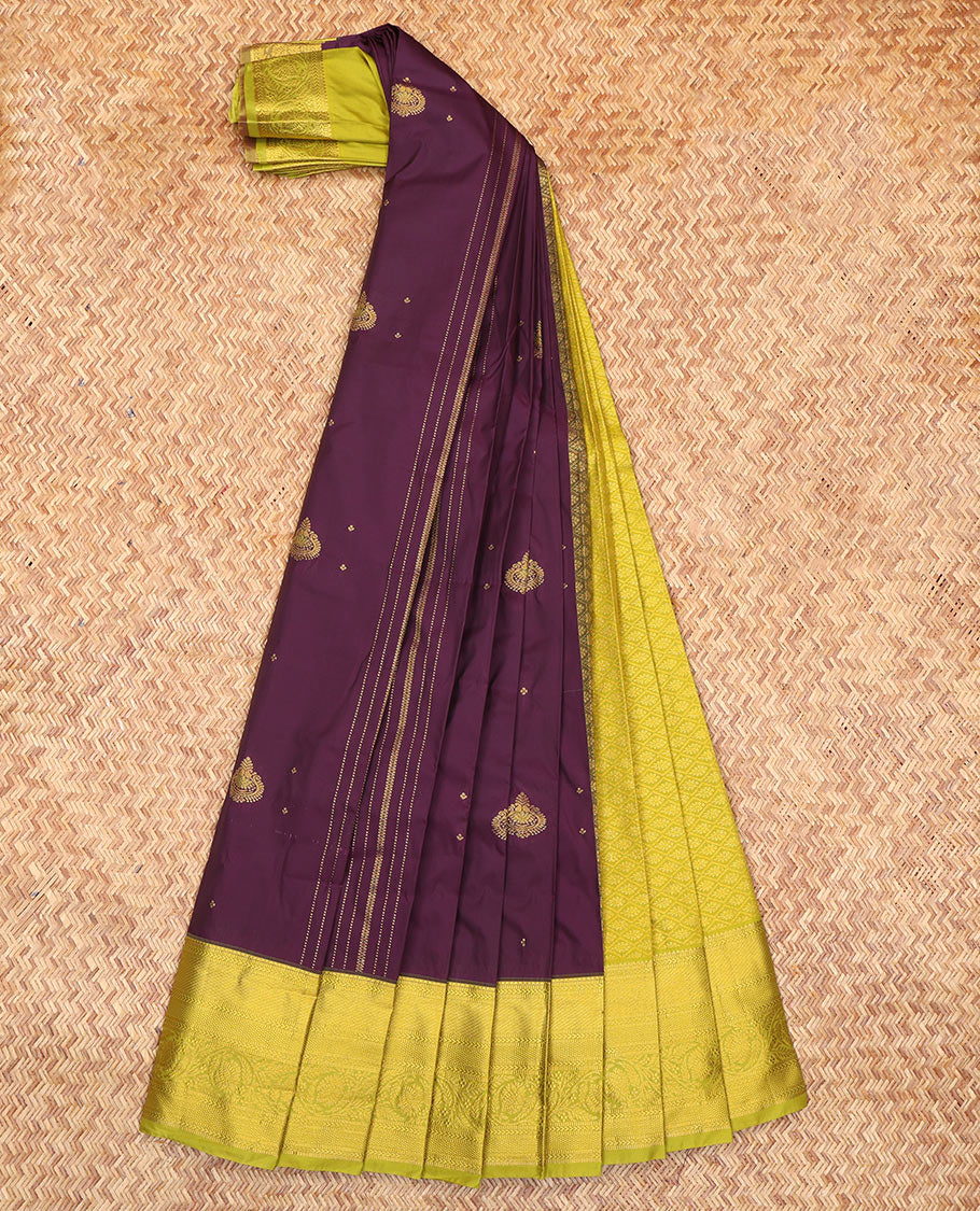 Wine Budget Silk Saree, Accentuated with Zari Buttas and Stripes, Complemented by a Contrast Traditional Zari Border, Grand Jaal Pallu, and Contrast Blouse