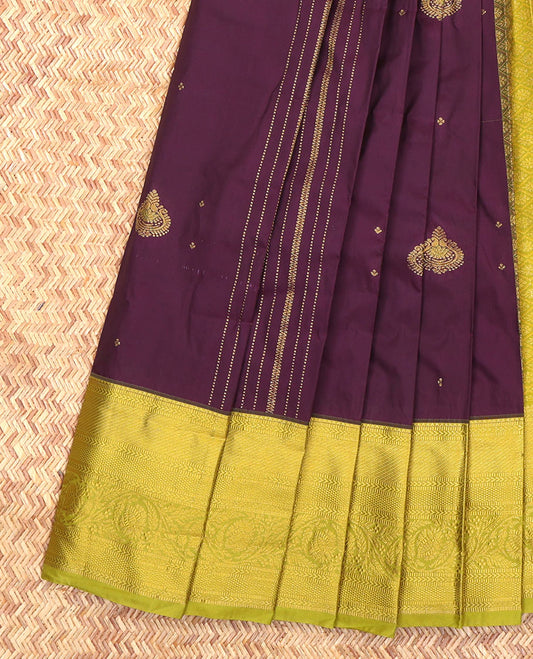 Wine Budget Silk Saree, Accentuated with Zari Buttas and Stripes, Complemented by a Contrast Traditional Zari Border, Grand Jaal Pallu, and Contrast Blouse