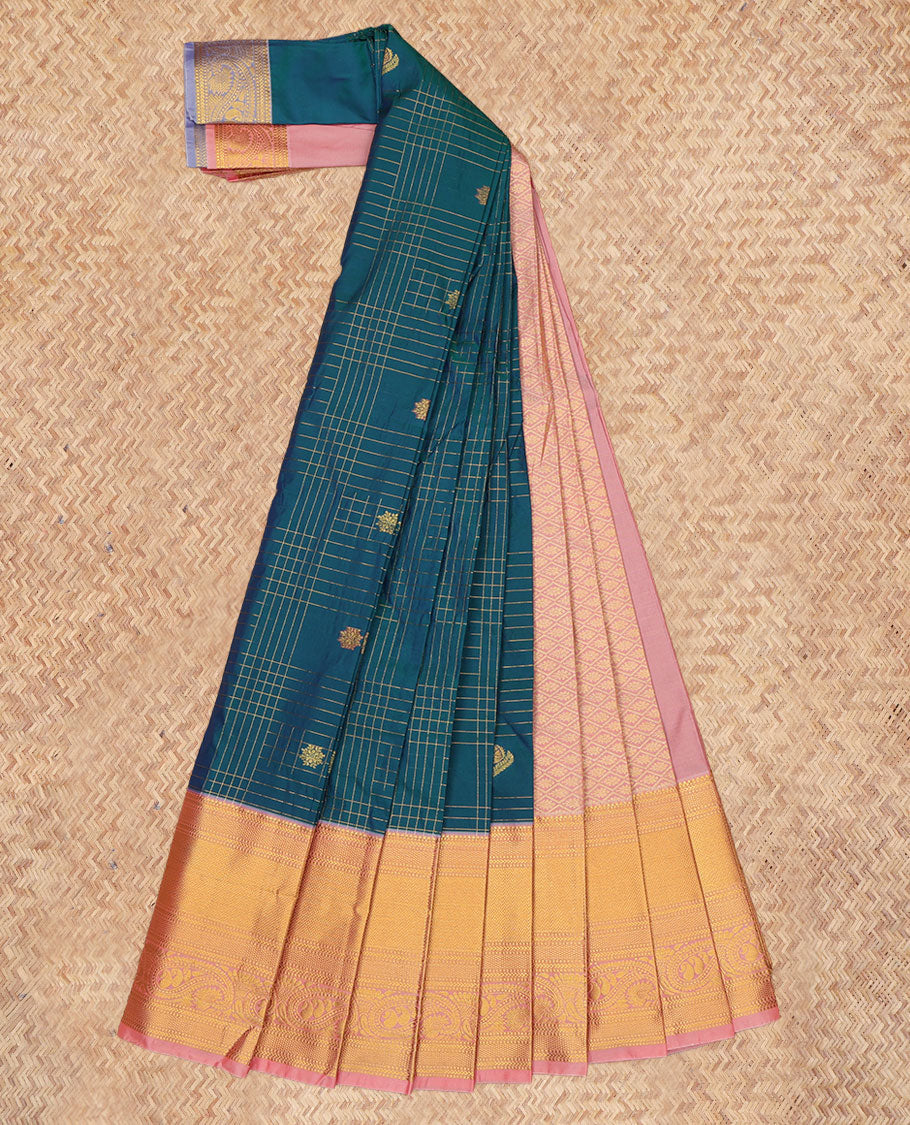 Peacock Blue Budget Silk Saree, Accentuated with Zari Buttas Enclosed Checks, a Contrast Traditional Zari Border, Grand Pallu, and a Contrast Blouse