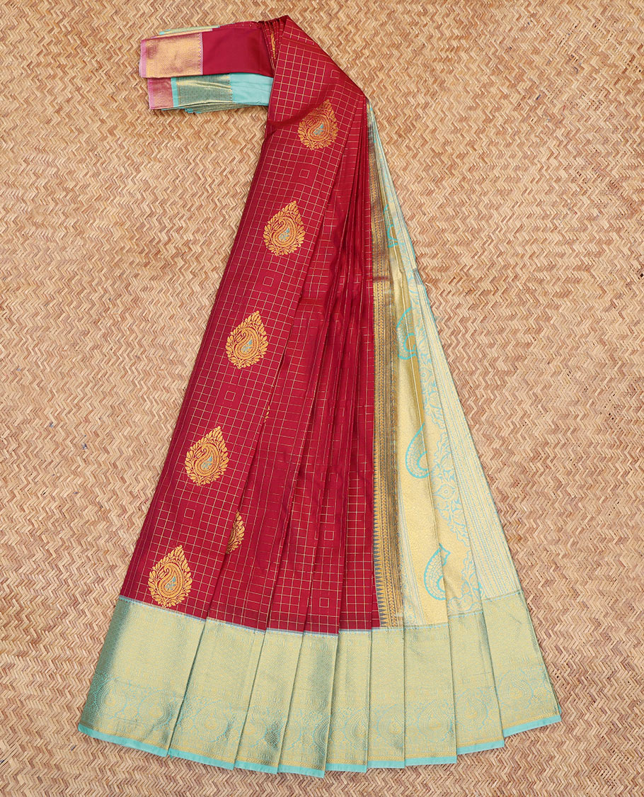 Red Budget Silk Saree, Embellished with Zari Buttas and Checks, a Contrast Traditional Zari Border, Grand Pallu, and a Contrast Blouse