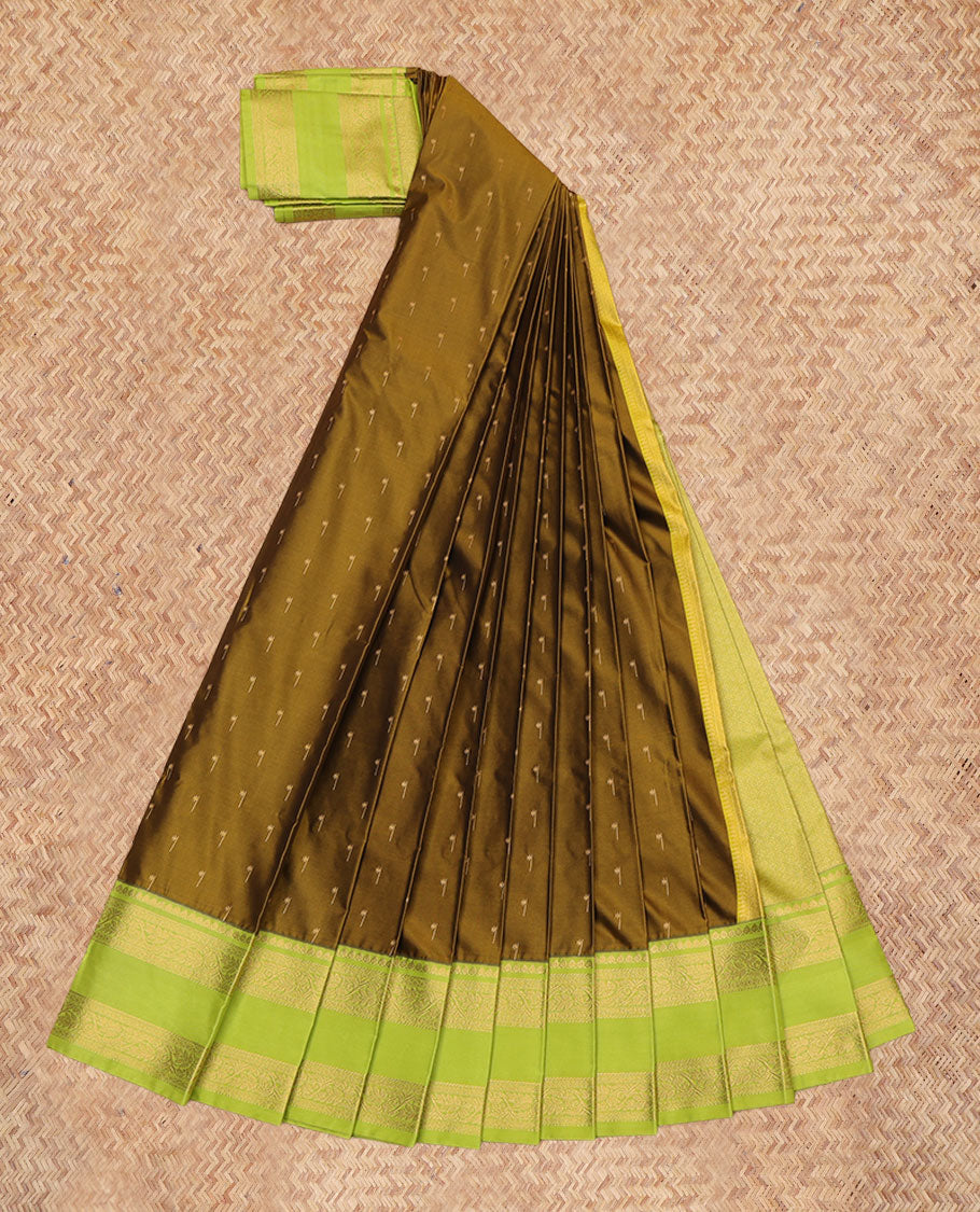 Green Budget Silk Saree, Accentuated with Zari Buttas, a Contrast Traditional Zari Rettai Pettu Border, Grand Pallu, and a Contrast Blouse
