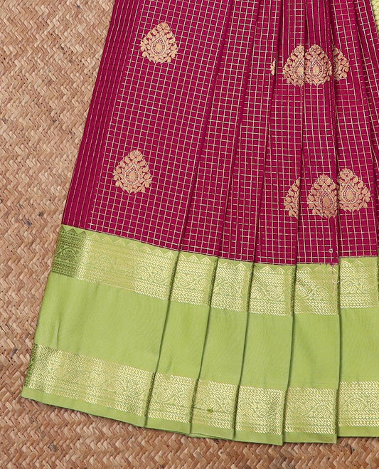 Maroon zari buttas and checked gift saree, contrast rettai pettu traditional zari design border, and jaal pallu