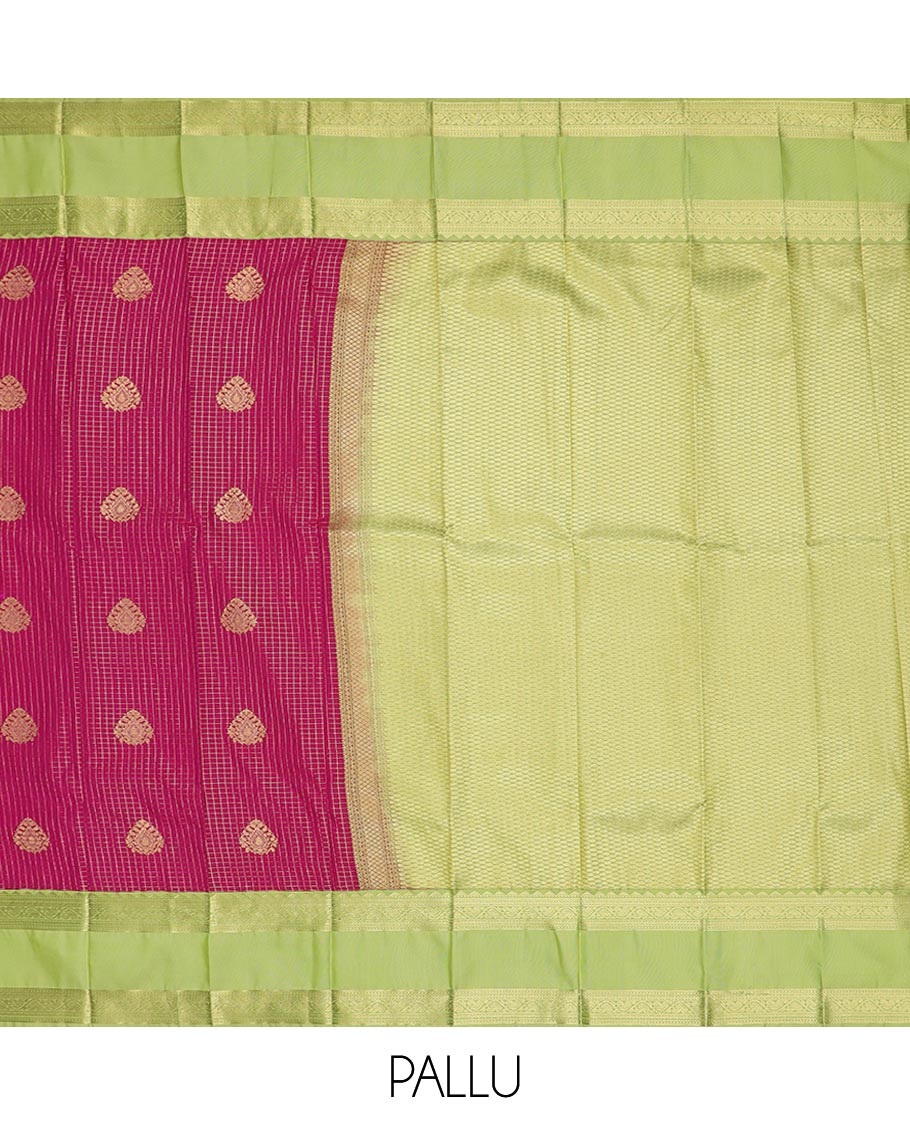 Maroon zari buttas and checked gift saree, contrast rettai pettu traditional zari design border, and jaal pallu