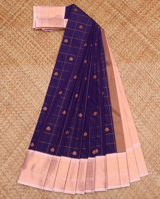 Ink blue zari butta enclosed checked gift saree, contrast traditional zari designs border, and intricate pallu