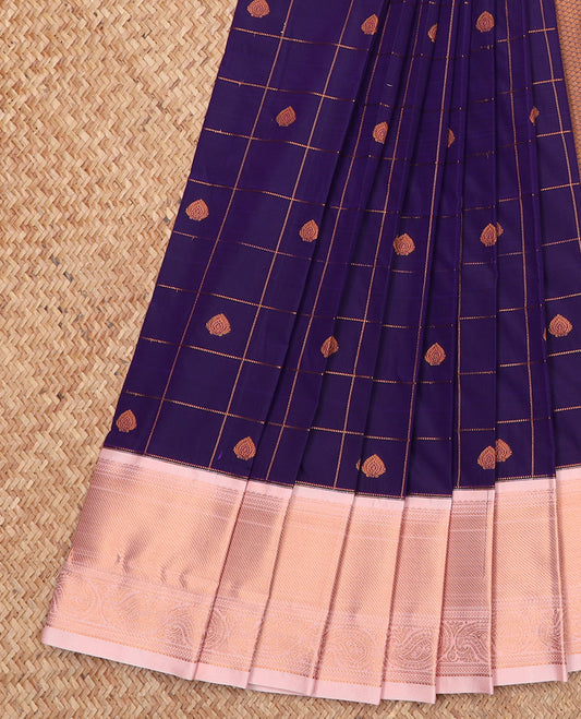Ink blue zari butta enclosed checked gift saree, contrast traditional zari designs border, and intricate pallu