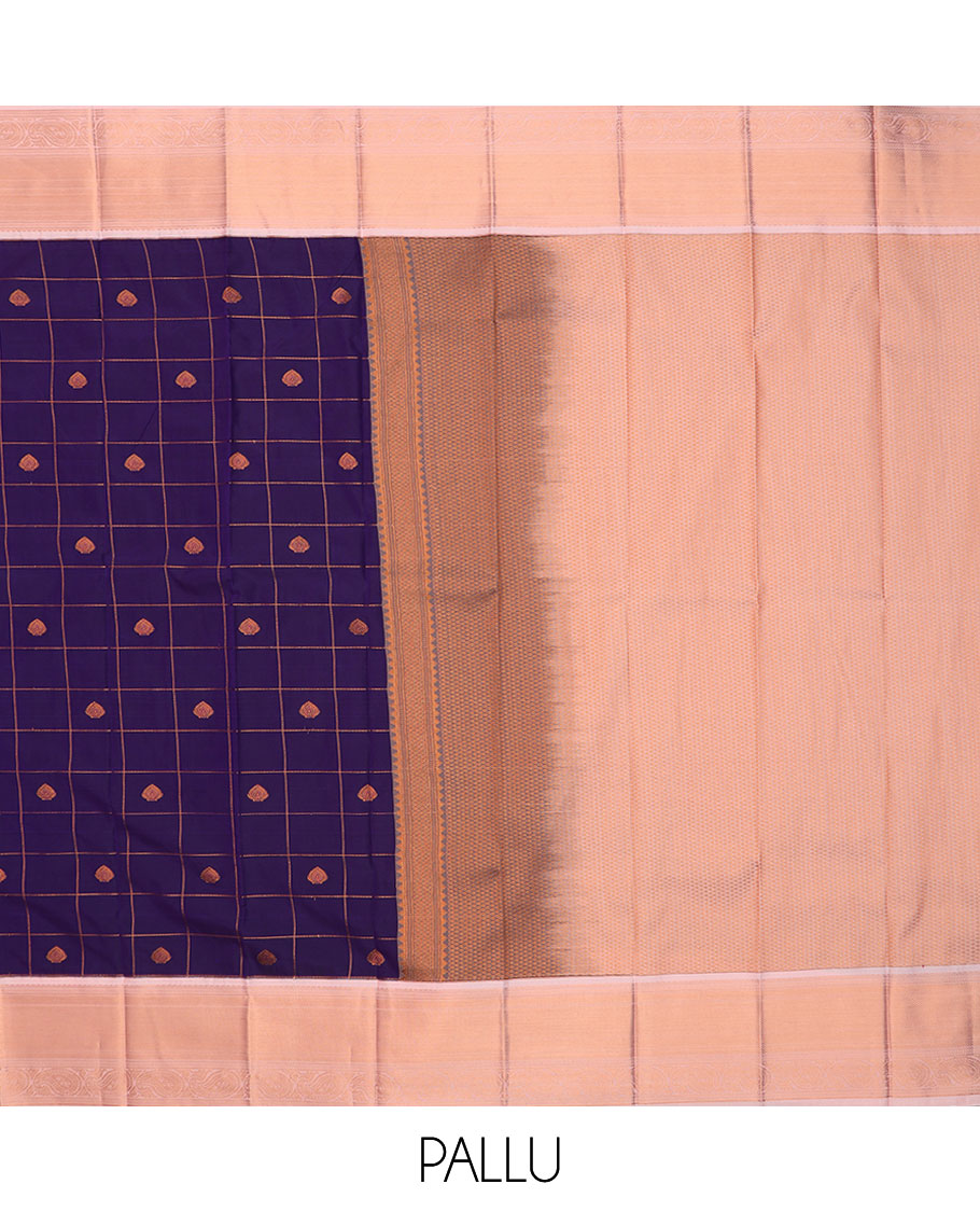 Ink blue zari butta enclosed checked gift saree, contrast traditional zari designs border, and intricate pallu