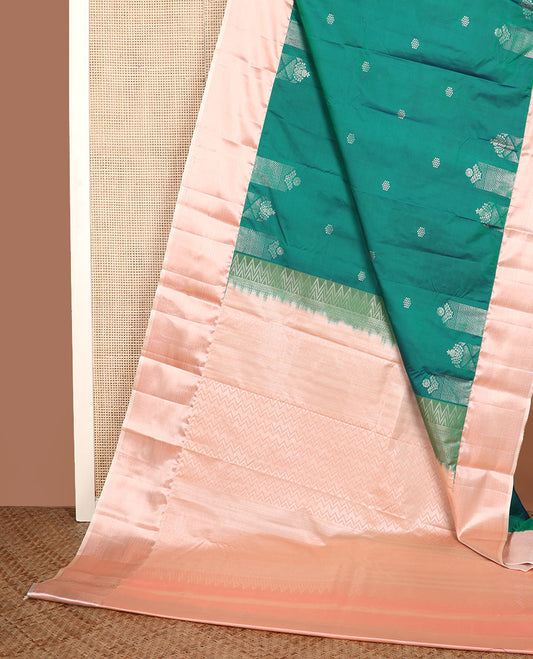 Green zari buttas gift saree, contrast traditional zari design border, and chevron striped pallu