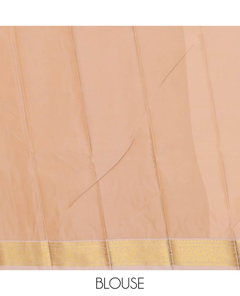 Orange zari stripes and peacock buttas gift saree, contrast traditional zari design rettai pettu border, and jaal pallu