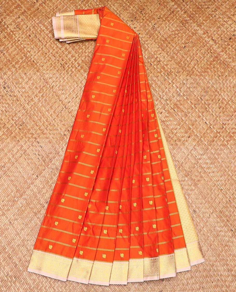Orange zari stripes and peacock buttas gift saree, contrast traditional zari design rettai pettu border, and jaal pallu