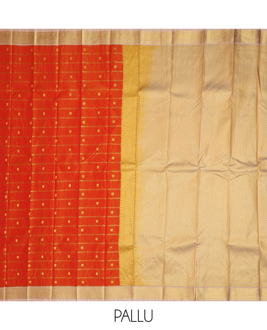 Orange zari stripes and peacock buttas gift saree, contrast traditional zari design rettai pettu border, and jaal pallu