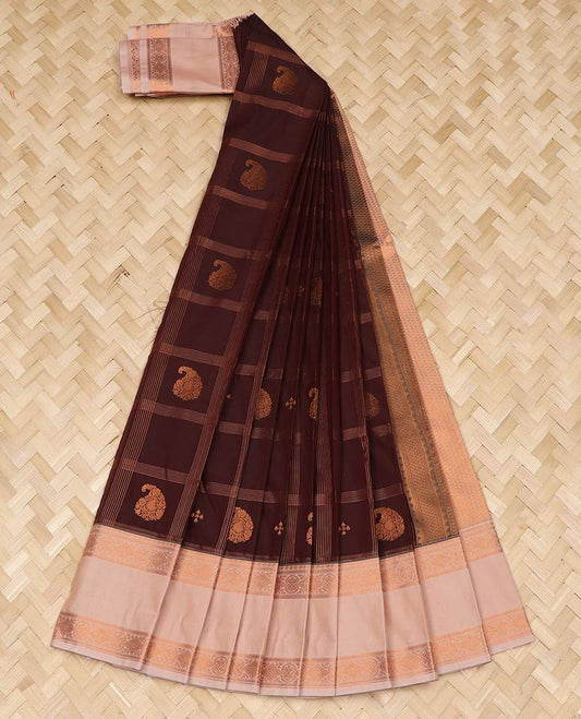 Brown zari butta enclosed checked gift saree, contrast traditional zari rettai pettu border, and jaal pallu