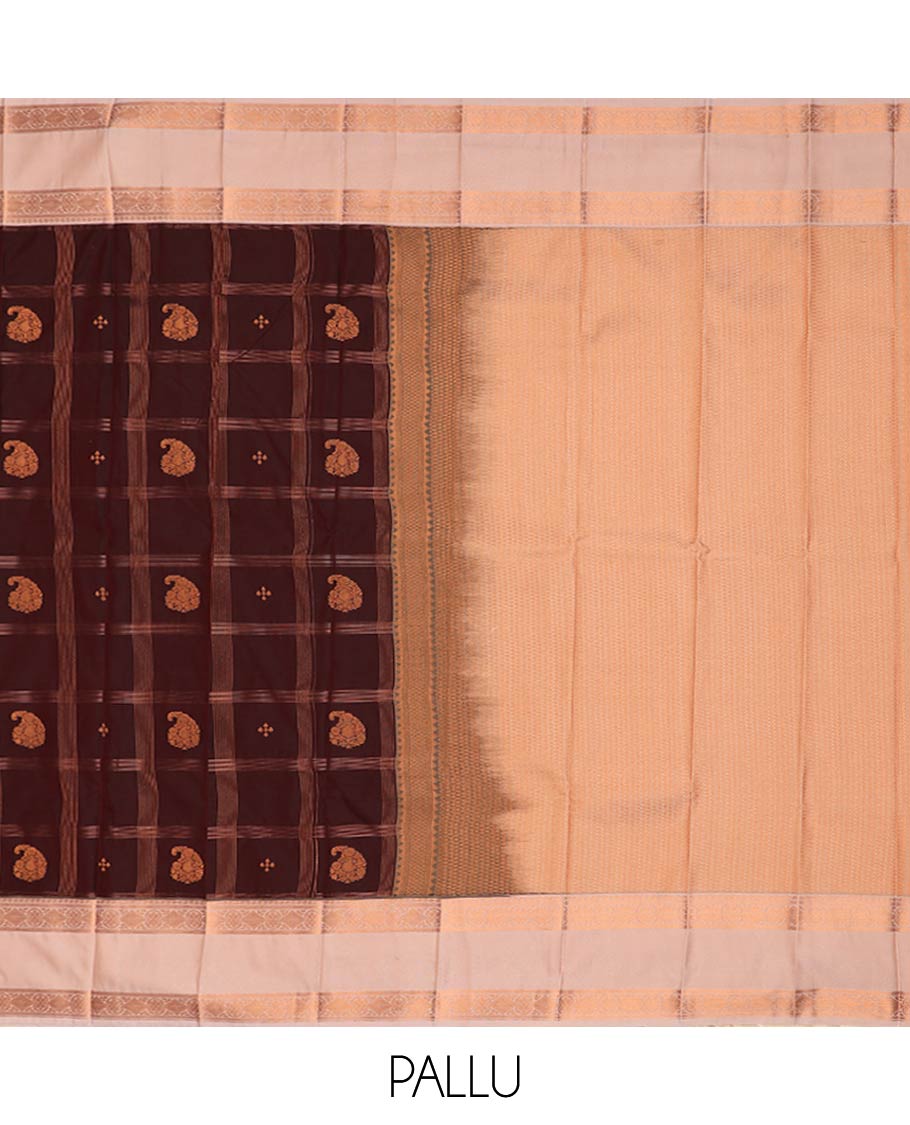 Brown zari butta enclosed checked gift saree, contrast traditional zari rettai pettu border, and jaal pallu