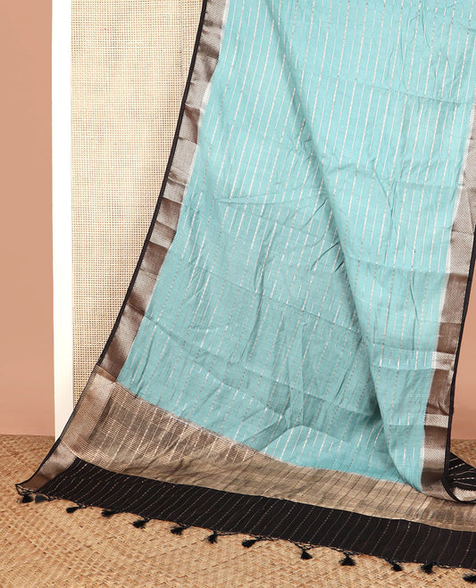Blue zari design assam silk saree, contrast traditional zari border, and zari striped pallu