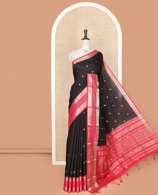 Black peacock buttas assam silk saree, contrast traditional zari border, and pallu of zari design