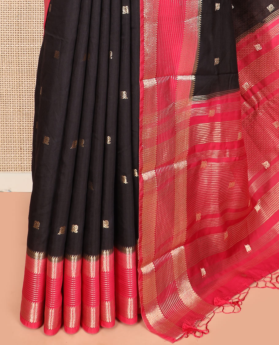 Black peacock buttas assam silk saree, contrast traditional zari border, and pallu of zari design