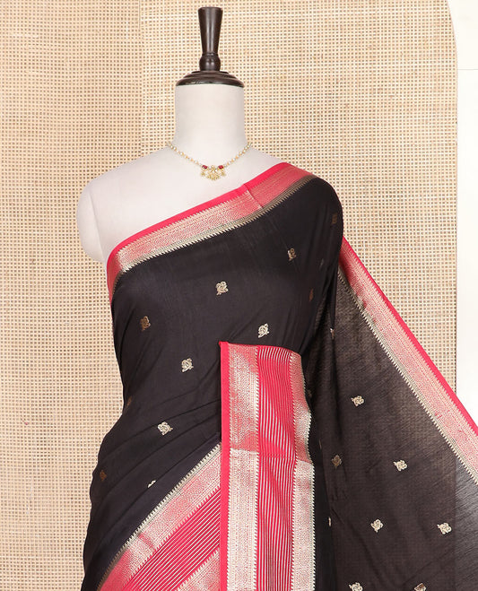 Black peacock buttas assam silk saree, contrast traditional zari border, and pallu of zari design