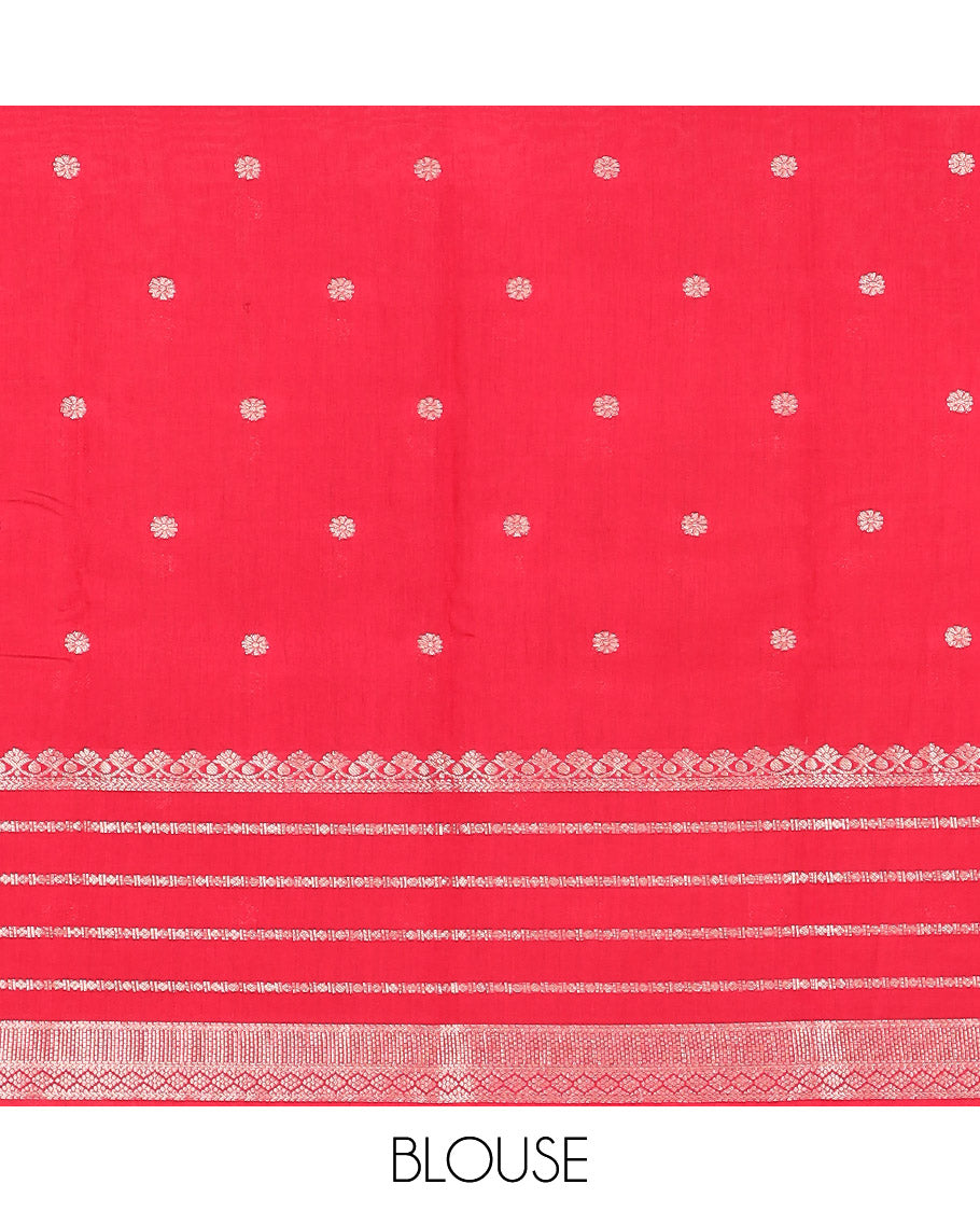 Orange zari buttas Assam silk saree, contrast traditional zari border, and pallu of zari stripes, and buttas