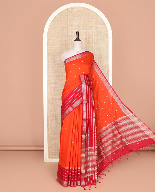 Orange zari buttas Assam silk saree, contrast traditional zari border, and pallu of zari stripes, and buttas