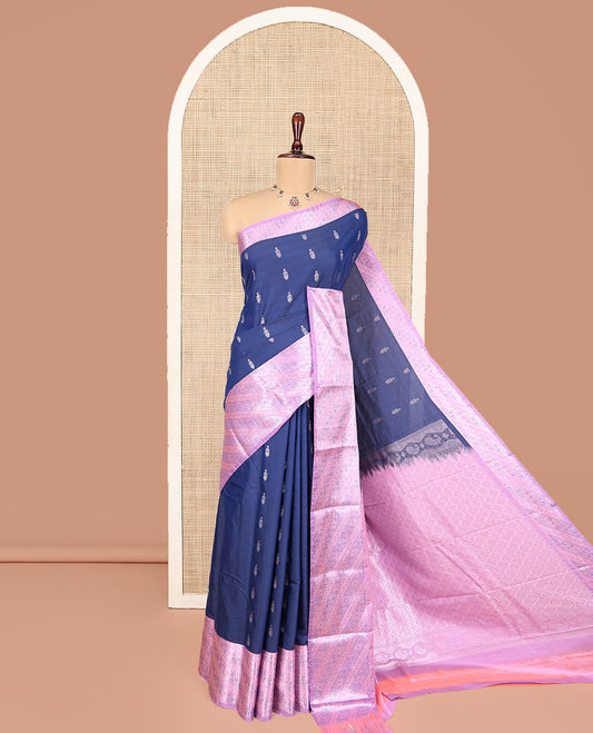 Blue Budget Silk Saree, Enriched with Zari Buttas All Over Its Body, Complemented by Contrast Border of Floral-Paisley Designs, Beautifully Bedecked Pallu of Jaal Designs, and Paired with a Contrast Blouse